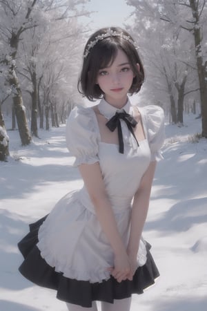 ((Masterpiece, highest quality, 8k high quality photo, cinematic lighting, head lighting in darkness,, realistic illustration, (facial details: 1.2), fine fair skin hair, small smile, medium breasts, curves, toned abdomen, detailed face,)), 1girl, apron, bare tree, black ribbon, blue hair, branches, separated collar, separated sleeves, flowers, forest, frilly sleeves, frills, hair accessories, hair on one eye, look naked audience, maid, maid tiara, medium breasts, nature, outdoors, re:zero, ribbon, Roswaal House maid uniform, short hair, snow, snowflakes, solo, standing, high socks, tree , waist apron, white apron, white tights, winter, wisteria, x hair accessories