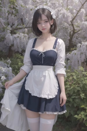 ((Masterpiece, highest quality, 8k high quality photo, cinematic lighting, head lighting in the dark,, realistic illustration, (facial details: 1.2), fine fair skin hair, small smile, large breasts, cleavage, curves, toned abs , detailed face,)), 1girl, apron, cherry blossom tree, black ribbon, blue hair, branches, separated collar, separated sleeves, flowers, forest, ruffled sleeves, frills, hair accessories, hair on one eye, looking at viewer, maid, maid tiara, medium breasts, nature, outdoors, re:zero, ribbon, Roswaal House maid uniform, short hair, snow, snowflakes, solo, standing, high socks, tree, waist apron, white apron, white tights, winter, wisteria, x hair accessories