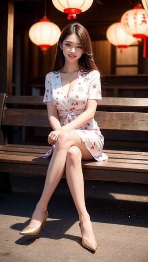 Create an photography, realistic image of a 25year-old beautiful Asian woman with fair skin, long Brown hair, piercing blue eyes, a normal-sized nose, and full, pouty lips. She stands at 5’9” and weighs around 170 pounds, curvier, with a confident posture, sitting crossed legs on a wooden bench, wearing a traditional extra short, red and white floral patterned dress, sitting on a wooden bench holding a fan , surrounded by red  lanterns with decorations and gold calligraphy with, indoors with wooden lattice and dramatic shadows, dark background with soft light from above, smiling looking at the camera. HD high resolution 8k realistic .
