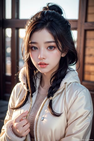 (masterpiece, top quality, best quality, official art, beautiful and aesthetic:1.2), hdr, high contrast, wideshot, 1girl, very long black hair, looking at viewer, clearly brown eyes, longfade eyebrow, soft make up, ombre lips, large breast (cheerfull act), frosty, parka jacket, (kpop clothing theme:1.5),  finger detailed, background detailed, ambient lighting, extreme detailed, cinematic shot, realistic ilustration, (soothing tones:1.3), (hyperdetailed:1.2)