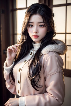 (masterpiece, top quality, best quality, official art, beautiful and aesthetic:1.2), hdr, high contrast, wideshot, 1girl, very long black hair, looking at viewer, clearly brown eyes, longfade eyebrow, soft make up, ombre lips, large breast (cheerfull act), frosty, parka jacket, (kpop clothing theme:1.5),  finger detailed, background detailed, ambient lighting, extreme detailed, cinematic shot, realistic ilustration, (soothing tones:1.3), (hyperdetailed:1.2)