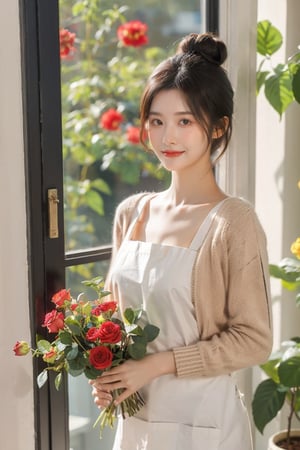 1girl, solo, looking at viewer, smile, black hair, holding, brown eyes, flower, indoors, hair bun, apron, window, rose, animal, single hair bun, cat, cardigan, plant, red flower, potted plant, vase