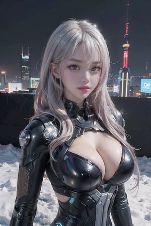 (masterpiece, best quality:1.4), ((a beautiful 24 years old woman)), solo, ((white snow long hair)), two bangs, ((cyberpunk suit)), 4k, (perfect face | oval face), trending on pixiv,perfecteyes, seductive body, white eyes, perfect anatomy, big_breast,Wlop, cyberpunk, ((ulzzang-6500)), ((gorgeous face)), looking at viewer