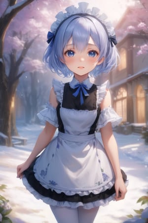 ((Masterpiece, highest quality, 8k high quality photo, cinematic lighting, head lighting in darkness,, realistic illustration, (facial details: 1.2), fine fair skin hair, small smile, medium breasts, curves, toned abdomen, detailed face,)), 1girl, apron, bare tree, black ribbon, blue hair, branches, separated collar, separated sleeves, flowers, forest, frilly sleeves, frills, hair accessories, hair on one eye, look naked audience, maid, maid tiara, medium breasts, nature, outdoors, re:zero, ribbon, Roswaal House maid uniform, short hair, snow, snowflakes, solo, standing, high socks, tree , waist apron, white apron, white tights, winter, wisteria, x hair accessories