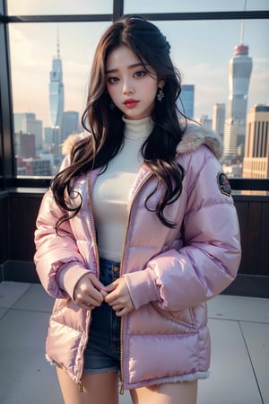 (masterpiece, top quality, best quality, official art, beautiful and aesthetic:1.2), hdr, high contrast, wideshot, 1girl, very long black hair, looking at viewer, clearly brown eyes, longfade eyebrow, soft make up, ombre lips, large breast (cheerfull act), frosty, parka jacket, (kpop clothing theme:1.5),  finger detailed, background detailed, ambient lighting, extreme detailed, cinematic shot, realistic ilustration, (soothing tones:1.3), (hyperdetailed:1.2)