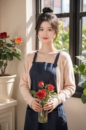 1girl, solo, looking at viewer, smile, black hair, holding, brown eyes, flower, indoors, hair bun, apron, window, rose, animal, single hair bun, cat, cardigan, plant, red flower, potted plant, vase