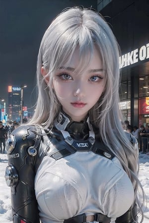 (masterpiece, best quality:1.4), ((a beautiful 24 years old woman)), solo, ((white snow long hair)), two bangs, ((cyberpunk suit)), 4k, (perfect face | oval face), trending on pixiv,perfecteyes, seductive body, white eyes, perfect anatomy, big_breast,Wlop, cyberpunk, ((ulzzang-6500)), ((gorgeous face)), looking at viewer