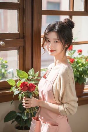 1girl, solo, looking at viewer, smile, black hair, holding, brown eyes, flower, indoors, hair bun, apron, window, rose, animal, single hair bun, cat, cardigan, plant, red flower, potted plant, vase