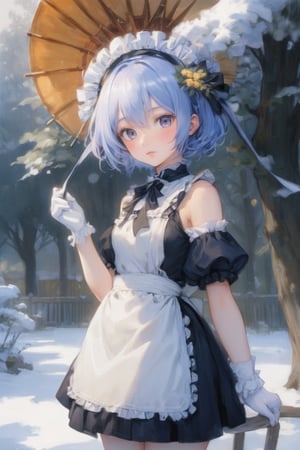 (Best quality, High quality, masterpiece, Watercolor painting, ligne_claire, Anime Illustration), ((stylized art style, painted by Egon Schiele and Rembrandt and Gustave Dorè)), 1girl, apron, bare tree, black ribbon, blue hair, branch, detached collar, detached sleeves, flower, forest, frilled sleeves, frills, hair ornament, hair over one eye, looking at viewer, maid, maid headdress, medium breasts, nature, outdoors, rem \(re:zero\), ribbon, roswaal mansion maid uniform, short hair, snow, snowflakes, solo, standing, thighhighs, tree, waist apron, white apron, white legwear, winter, wisteria, x hair ornament