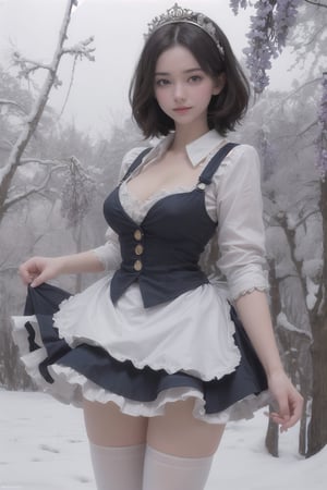 ((Masterpiece, highest quality, 8k high quality photo, cinematic lighting, head lighting in the dark,, realistic illustration, (facial details: 1.2), fine fair skin hair, small smile, large breasts, cleavage, curves, toned abs , detailed face,)), 1girl, apron, cherry blossom tree, black ribbon, blue hair, branches, separated collar, separated sleeves, flowers, forest, ruffled sleeves, frills, hair accessories, hair on one eye, looking at viewer, maid, maid tiara, medium breasts, nature, outdoors, re:zero, ribbon, Roswaal House maid uniform, short hair, snow, snowflakes, solo, standing, high socks, tree, waist apron, white apron, white tights, winter, wisteria, x hair accessories