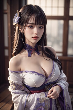 (masterpiece, top quality, best quality, official art, beautiful and aesthetic:1.2), hdr, high contrast, wideshot, 1girl, blunt bangs, looking at viewer, (seducing act), frosty, icy eyeshadow, longfade eyebrow, soft make up, juicy lips, large breast, hourglass body, light smile, finger detailed, background detailed, ambient lighting, extreme detailed, cinematic shot, realistic ilustration, (soothing tones:1.3), (hyperdetailed:1.2),raidenshogundef