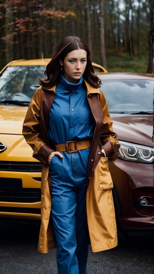 1girl, solo, breasts, blue eyes, brown hair, shirt, long sleeves, medium breasts, standing, jacket, cowboy shot, outdoors, parted lips, open clothes, day, belt, pants, medium hair, blurry, open jacket, lips, looking to the side, blurry background, turtleneck, blue shirt, ground vehicle, motor vehicle, hand in pocket, brown jacket, car, yellow jacket, vehicle focus