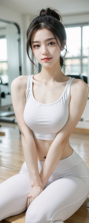 Best quality, masterpiece, ultra high res, (photorealistic:1.4), raw photo, 1girl, very Tight white yoga pants , gym room background,glowing skin, confident smile,full body