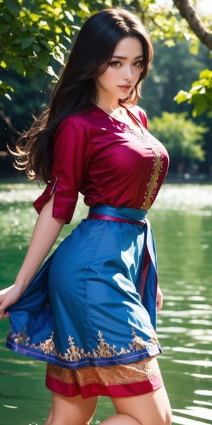 realistic, 1wife women , Brown hair, long open hair, deep blue eyes, parted lips,cute smile, makeup, enchantress, yakshini, indian mythology, red  kurta, sweat, wet, light rays, glow, thighs, collarbone, narrow waist, (masterpiece), wallpaper,,Indian,girl wearing indian kurta,kurta,round ass,(Front full: in lake:1.3), night forest lake background, coming out of the lake