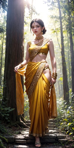 Craft an empowering portrait 4k of an yellow saree woman adorned with traditional jewelry. Picture her standing tall amidst a redwood forest, sunlight filtering through the towering trees and casting long shadows. Saree ,Highlight the strength and resilience of the woman and her connection to her cultural heritage.swet ,swet
 
,long skirt,miniskirt,sm4c3w4k