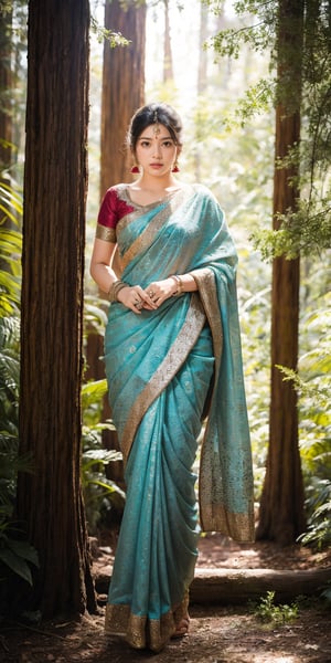 Craft an empowering portrait of an saree woman adorned with traditional jewelry. Picture her standing tall amidst a redwood forest, sunlight filtering through the towering trees and casting long shadows. Saree ,Highlight the strength and resilience of the woman and her connection to her cultural 