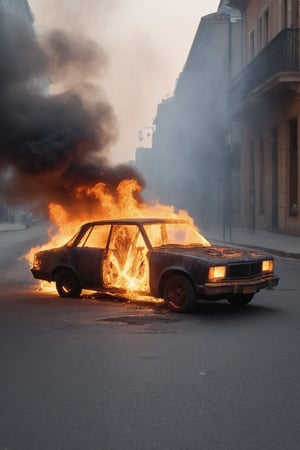 a burning car, ((huge flames and smoke)), ((side view)), lights on, on an empty street with no scenery around