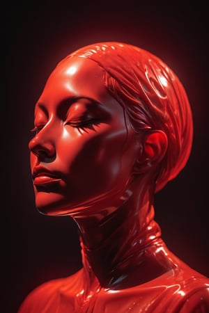 ((close up)), closed eyes, detail, bold head, ((neutral gender)), made of red wax, translucent wax figure, translucent face, organistic sculpture, ethereal figure, 3d rendering, cinema 4d, light shining through, blender_(software), DonMCr33pyN1ghtm4r3 