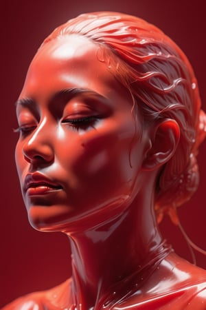 ((close up)), closed eyes, detail, ((neutral gender)), made of red wax, translucent wax figure, translucent face, organistic sculpture, ethereal figure, anatomy transparent body, 3d rendering, cinema 4d, blender_(software), DonMCr33pyN1ghtm4r3 