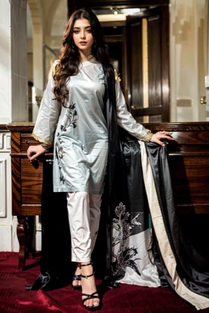 Ultra realistic full body photo of a cute  pakistani female , 20 years old , 36 Brest, Dress: Salwar Kameez
Makeup: Smoky eyes and lips for a timeless allure.,xyzsanshalwarqameez