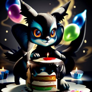 (happy, uplifting), ((cake, candle)), Birthday, massive cake with one burning candle, balloons, masterpiece, best quality, (extremely detailed CG unity 8k wallpaper, masterpiece, best quality, ultra-detailed, best shadow), (detailed background), (beautiful detailed face, beautiful detailed eyes), High contrast, (best illumination, an extremely delicate and beautiful), ((colourful paint splashes on transparent background, dulux,)), ((caustic)), dynamic angle,beautiful detailed glow,full body,Young beauty spirit,3DMM,Umbreon