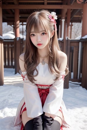 A sweet and cute Japanese girl with long blond hair, wearing sex hanbok,dark red bow on her head,black stockings,a crystal necklace, snow-white skin, Sitting with knees bent in a East Gate,1girl ,sunlight,tattooedgirl,lisa,full-body_