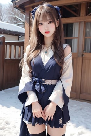 A sweet and cute Japanese girl with long blond hair, wearing colorful hanbok,dark blue bow on her head,black stockings,a crystal necklace, snow-white skin, Standing  in a East Gate,1girl ,sunlight,tattooedgirl,lisa,full_body