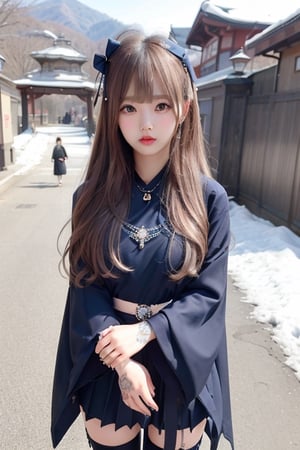 A sweet and cute Japanese girl with long blond hair, wearing Hanbok,dark blue bow on her head,black stockings,a crystal necklace, snow-white skin, Standing  in a East Gate,1girl ,sunlight,tattooedgirl,lisa,full_body
