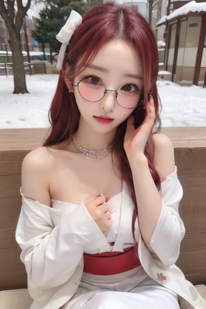 sweet and cute Japanese girl with long plond hair, wearing kimono and glasses, a dark red bow on her head, a necklace, snow-white skin,hands on chest,a little tattoo, half-naked with her nipples exposed, sit in a park,1girls,yves