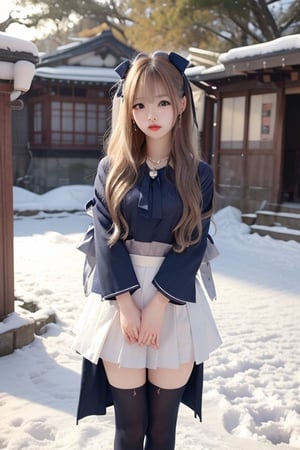 A sweet and cute Japanese girl with long blond hair, wearing hanbok,dark blue bow on her head,black stockings,a crystal necklace, snow-white skin, Standing  in a East Gate,1girl ,sunlight,tattooedgirl,lisa,full_body