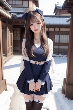 A sweet and cute Japanese girl with long blond hair, wearing hanbok,dark blue bow on her head,black stockings,a crystal necklace, snow-white skin, Standing  in a East Gate,1girl ,sunlight,tattooedgirl,lisa,full_body