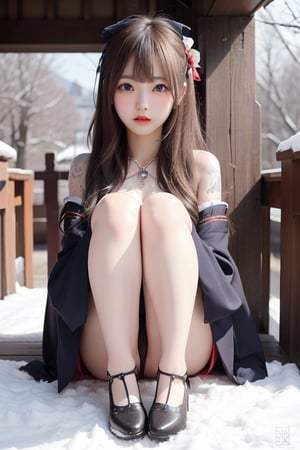 A sweet and cute Japanese girl with long blond hair, wearing sex hanbok,dark red bow on her head,black stockings,a crystal necklace, snow-white skin, Sitting with knees bent in a East Gate,1girl ,sunlight,tattooedgirl,lisa,full-body_