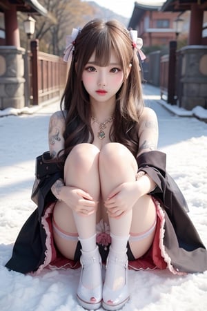 A sweet and cute Japanese girl with long blond hair, wearing sex hanbok,dark red bow on her head,black stockings,a crystal necklace, snow-white skin, Sitting with knees bent in a East Gate,1girl ,sunlight,tattooedgirl,lisa,full-body_,m_legs