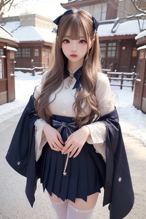 A sweet and cute Japanese girl with long blond hair, wearing hanbok,dark blue bow on her head,black stockings,a crystal necklace, snow-white skin, Standing  in a East Gate,1girl ,sunlight,tattooedgirl,lisa,full_body