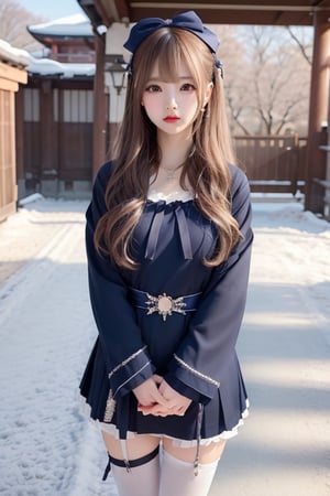 A sweet and cute Japanese girl with long blond hair, wearing Hanbok,dark blue bow on her head,black stockings,a crystal necklace, snow-white skin, Standing  in a East Gate,1girl ,sunlight,tattooedgirl,lisa,full_body