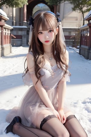 A sweet and cute Japanese girl with long blond hair,wearing a tulle dress,dark red bow on her head,black stockings,a crystal necklace, snow-white skin, Sitting  in a East Gate,1girl ,sunlight,tattooedgirl,lisa,full-body_,m legs