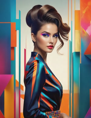 An ultra-sharp 3D portrait of a woman who embodies the vibrant and eclectic spirit of the modern era. Her clothes should be bold and contemporary, reflecting the latest fashion trends. Think bright colors, innovative designs and a mix of textures. Her hairstyle and makeup should be modern and sleek, showing her individuality and the dynamic nature of her style. The background should be abstract, emphasizing her figure and fashion.