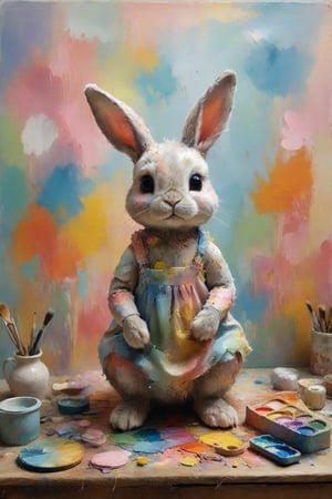 At the center of a charming studio stands a petite, wide-eyed bunny, its fur a patchwork of gentle pastels, each shade echoing the colors of the scattered paints. A painter's smock drapes over its form, adorned with splotches of vibrant pigments. Delicately, the bunny dips its brush into a palette of vivid hues, its fluffy tail swaying with reserved excitement. The canvas before it is a burst of lively chaos, a testament to the bunny's artistic fervor. The room exudes a serene ambiance, a sanctuary where creativity thrives, encapsulated in the bunny's earnest endeavor. dripping paint