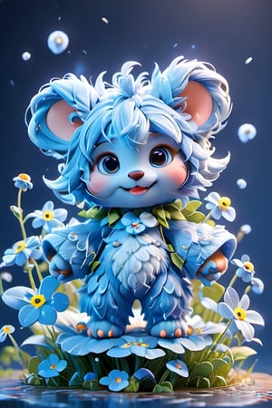 A whimsical CGI 3D scene, UnrealEngine featuring a more chibi-style tiny, fluffy-furry monster among forget-me-not flowers, shown in wide format. The chibi creature, characterized by its disproportionately large head and eyes, and a wide, endearing smile, is nestled playfully among the bright blue forget-me-nots. The flowers should be depicted with vivid blue hues and detailed textures, illuminated by natural light that casts a soft, ethereal glow over the scene. The background is lush, spring garden.