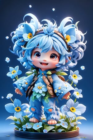 A whimsical CGI 3D scene, UnrealEngine featuring a more chibi-style tiny, fluffy-furry monster among forget-me-not flowers, shown in wide format. The chibi creature, characterized by its disproportionately large head and eyes, and a wide, endearing smile, is nestled playfully among the bright blue forget-me-nots. The flowers should be depicted with vivid blue hues and detailed textures, illuminated by natural light that casts a soft, ethereal glow over the scene. The background is lush, spring garden.