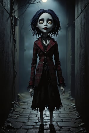 A dimly lit, misty alley sets the eerie tone as the gothic puppet, 'Midnight', emerges from the shadows. Grayish-toned skin appears almost translucent in the faint moonlight. Yellow eyes gleam with an otherworldly intensity, while a stitched mouth seems to hold secrets of its own. Messy dark blue hair cascades down Midnight's back like a mad tangle of vines. A vintage-inspired shirt adorned with intricate lace and brocade catches the eye, paired with a striking red and black plaid jacket that appears almost too loud for the somber atmosphere. The overall effect is one of macabre elegance.