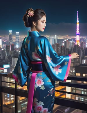 (full body) of a woman wear a kimono, stands on a rooftop overlooking a neon cityscape at midnight. In the background, a holographic ads is displayed.
lavish gown featuring rich fabric kimono and elegantly styled hair, adorned with ornate hairpins, award - winning photograph,
masterpiece,photorealistic,Masterpiece, joseon
