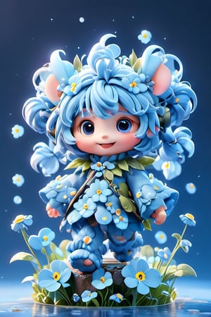 A whimsical CGI 3D scene, UnrealEngine featuring a more chibi-style tiny, fluffy-furry monster among forget-me-not flowers, shown in wide format. The chibi creature, characterized by its disproportionately large head and eyes, and a wide, endearing smile, is nestled playfully among the bright blue forget-me-nots. The flowers should be depicted with vivid blue hues and detailed textures, illuminated by natural light that casts a soft, ethereal glow over the scene. The background is lush, spring garden.