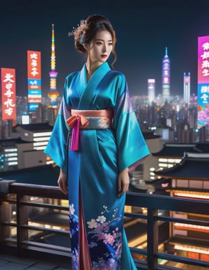 (full body) of a woman wear a kimono, stands on a rooftop overlooking a neon cityscape at midnight. In the background, a holographic ads is displayed.
lavish gown featuring rich fabric kimono and elegantly styled hair, adorned with ornate hairpins, award - winning photograph,
masterpiece,photorealistic,Masterpiece, joseon
