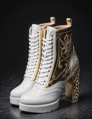 A pair of white boots with jeweled heel in gold with arabesques carved in smesralda color. Studio Background.