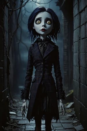 A dimly lit, misty alley sets the eerie tone as the gothic puppet, 'Midnight', emerges from the shadows. Grayish-toned skin appears almost translucent in the faint moonlight. Yellow eyes gleam with an otherworldly intensity, while a stitched mouth seems to hold secrets of its own. Messy dark blue hair cascades down Midnight's back like a mad tangle of vines. A vintage-inspired shirt adorned with intricate lace and brocade catches the eye, paired with a striking red and black plaid jacket that appears almost too loud for the somber atmosphere. The overall effect is one of macabre elegance.