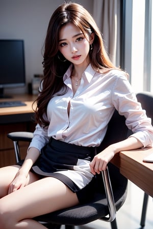 Masterpiece,Masterpiece:1.2,Best Quality,More Detail,
Hyper realistic,Photo realistic,Out focus,
Korean IDOL,25 Age,Sexy Pose,
Whole hot body,Nice legs,
Brown long hair,Small breasts,
Secretary uniform,White blouse,Black miniskirt,
Sitting in a chair inside an office,