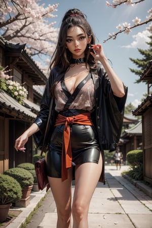 Generating a super realistic image, a Japanese beauty plays the role of "Kamado Nezuko" of the Japanese anime "Demon Slayer", wearing a delicately patterned V-neck neckline ready-to-wear, waist tunics, waist ropes, leg guards, straps, and a small bamboo tube with her mouth biting, standing under the cherry blossom tree, holding the cherry blossom in her hand, revealing a sweet expression, a super real character, and a super detailed detail painting,