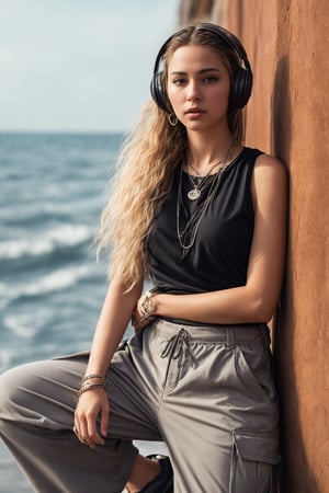 French girl,grey blonde hair(very long hair, curly_hair),hiphop dancer,wearing all black clothes (loose fit top and wide cargo pants),sneakers,headphone, sitting at sea bank,horizon,seaside,accessories(necklace,ear_rings),Best Quality, 32k, photorealistic, ultra-detailed, finely detailed, high resolution, perfect dynamic composition, beautiful detailed eyes, sharp-focus, cowboy_shot, 