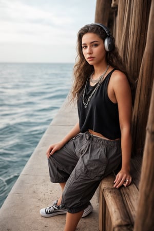 French girl,grey blonde hair(very long hair, curly_hair),hiphop dancer,wearing all black clothes (loose fit top and wide cargo pants),sneakers,headphone, sitting at sea bank,horizon,seaside,accessories(necklace,ear_rings),Best Quality, 32k, photorealistic, ultra-detailed, finely detailed, high resolution, perfect dynamic composition, beautiful detailed eyes, sharp-focus, cowboy_shot, 